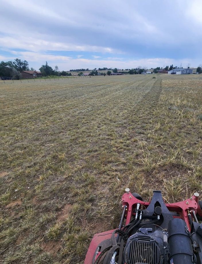 View from the mower deck showing the line between freshly cut and uncut native grass on a Colorado Springs acreage