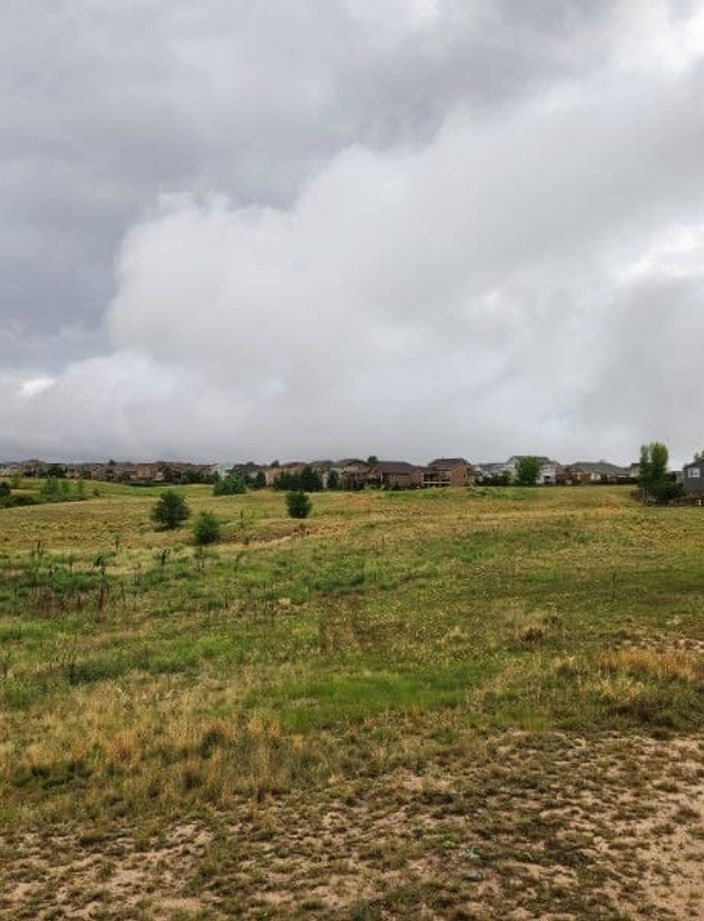 Half-mowed native field with fence posts standing under heavy storm clouds