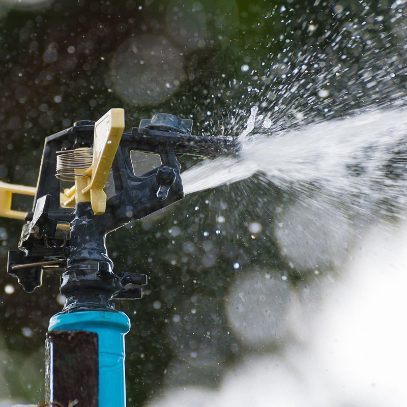 Irrigation head watering a landscaped area